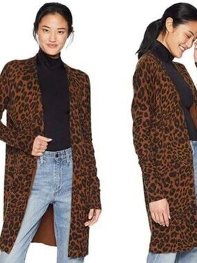 Sanctuary Leopard Print Long Cardigan Size M Cinnamon Brown Black Open Front